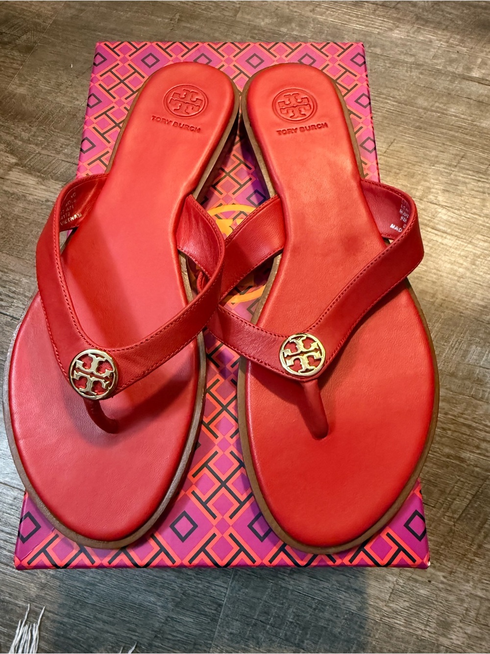 Tory Burch Red Leather Logo Thong Sandals with Gold Medallions
